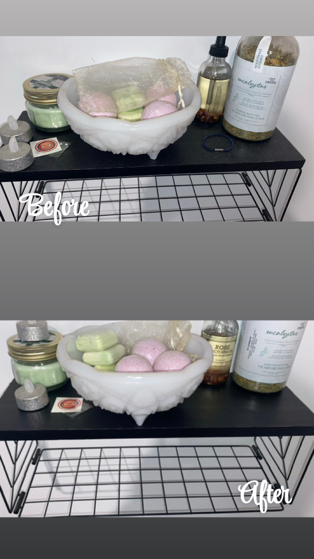 Before and after bathroom shelf detail