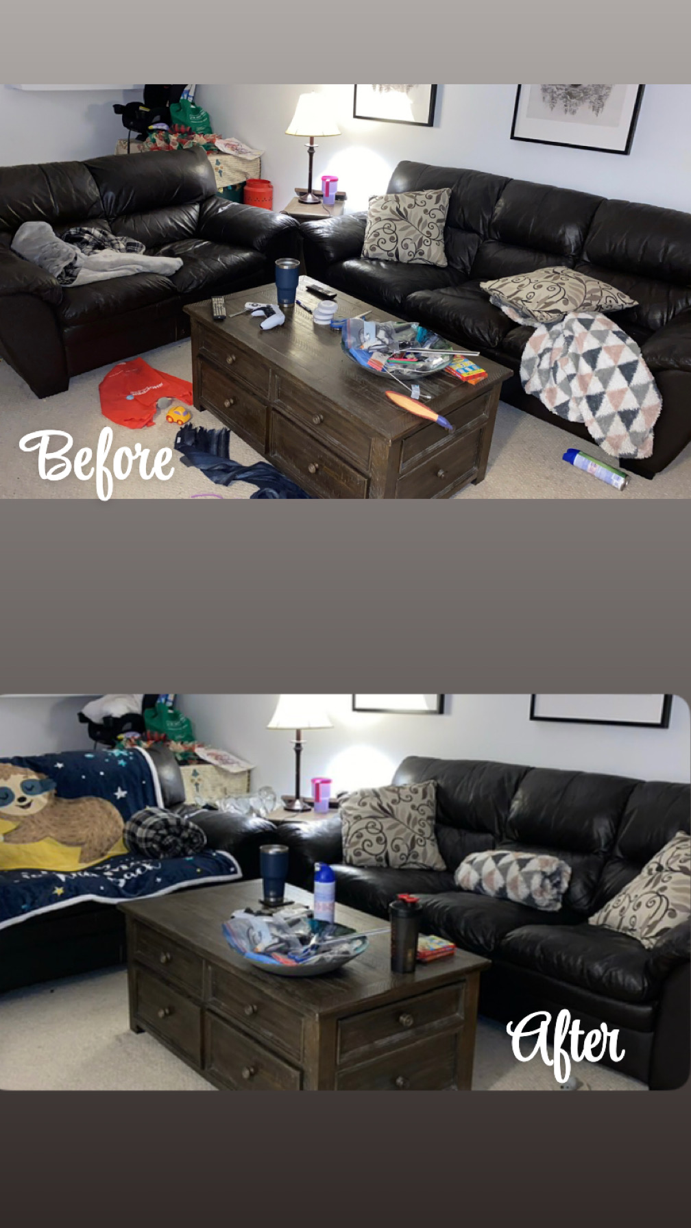 Before and after living room cleaning